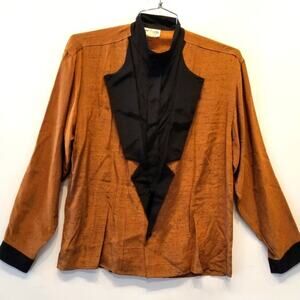 Vintage 90's Tuxedo Style Bronze Black Blouse Button Down Women's Gifts Size M